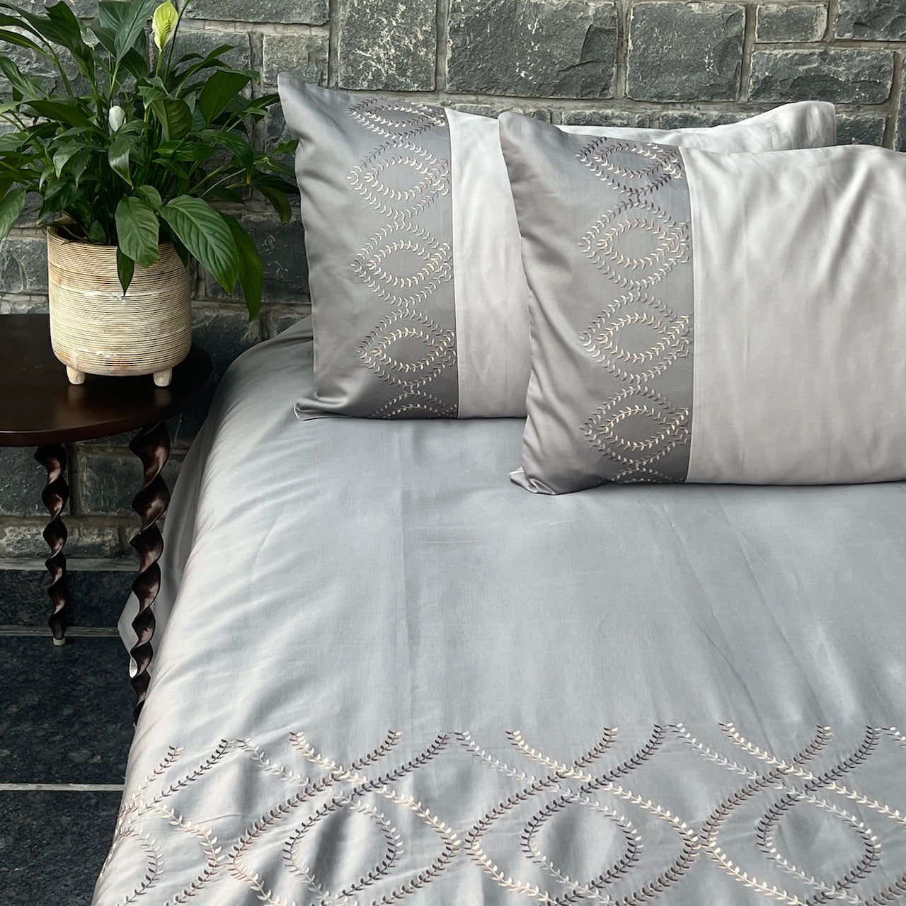 Exon Slate And Pearl Grey Embroidered Bedsheet Set