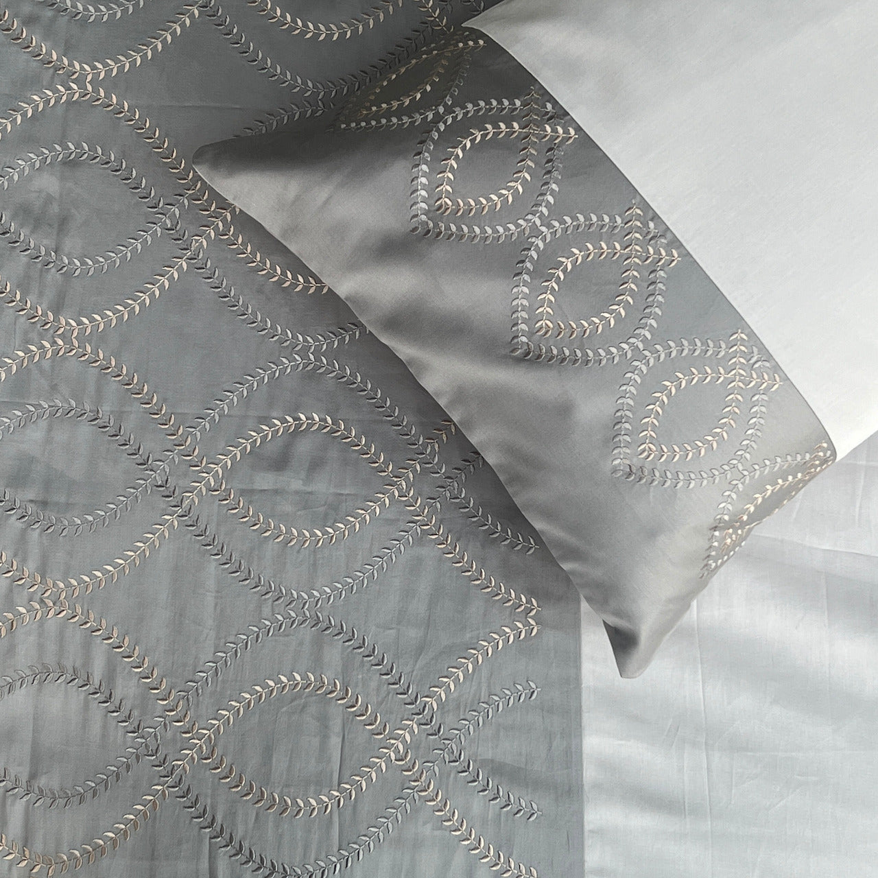 Exon Slate And Pearl Grey Embroidered Bedsheet Set