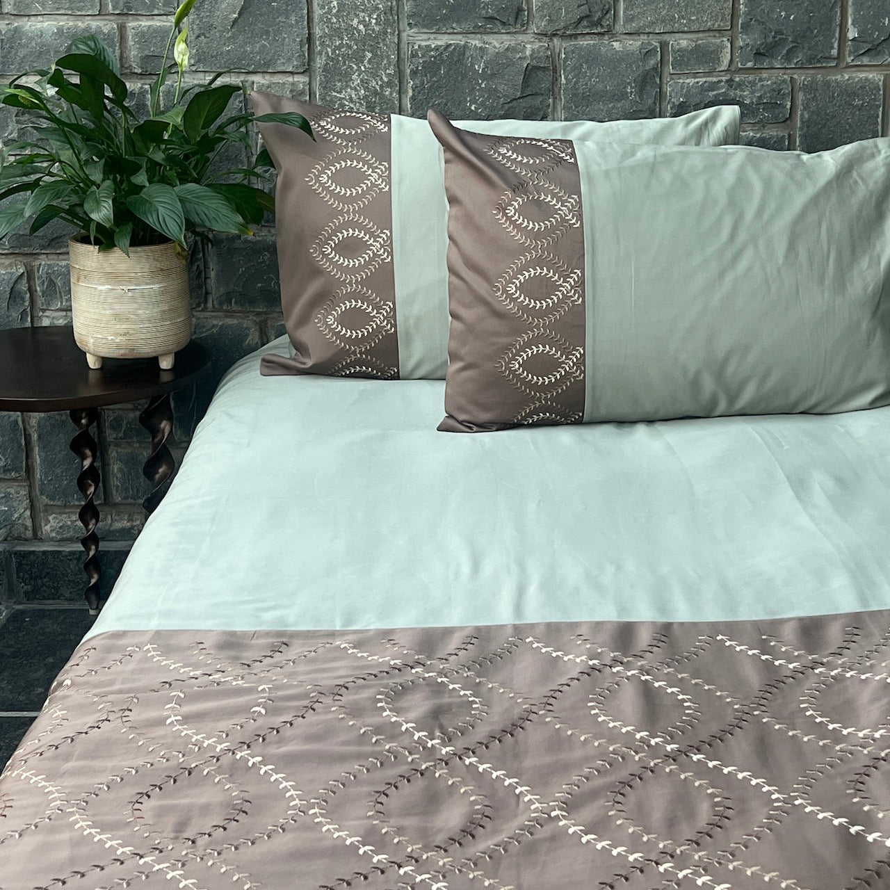 Exon Sage Green And Taupe Embroidered Bedsheet Set