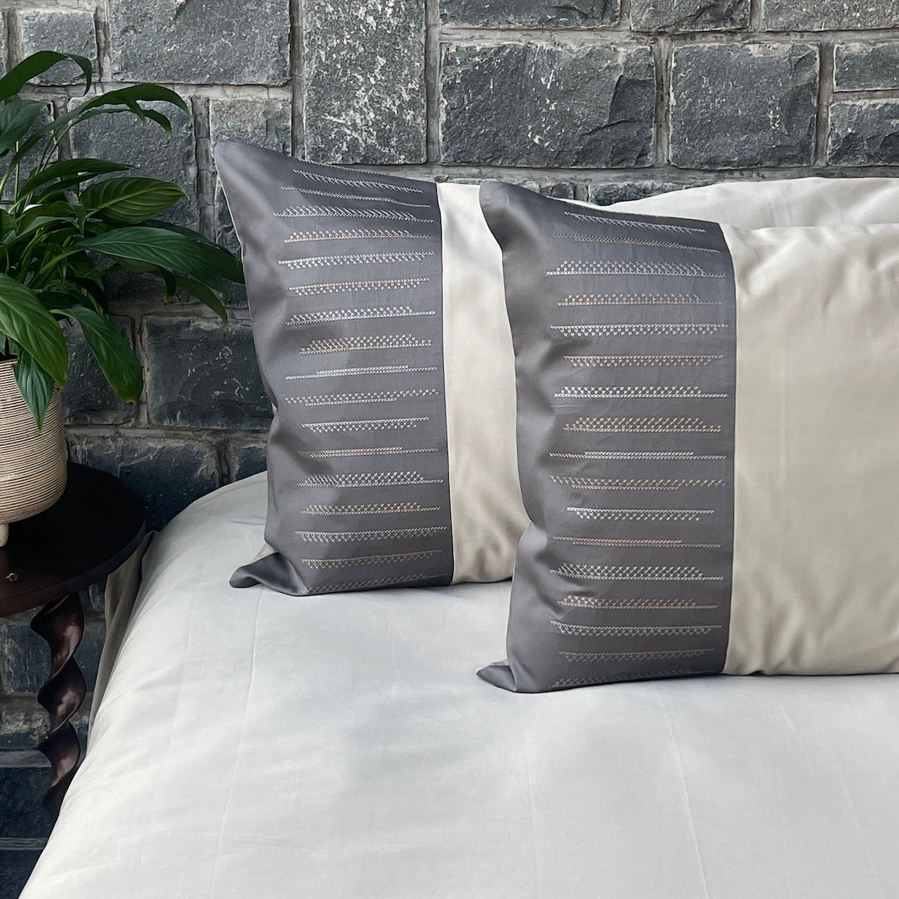 Speckle Beige And Elephant Grey Embroidered Bedsheet Set