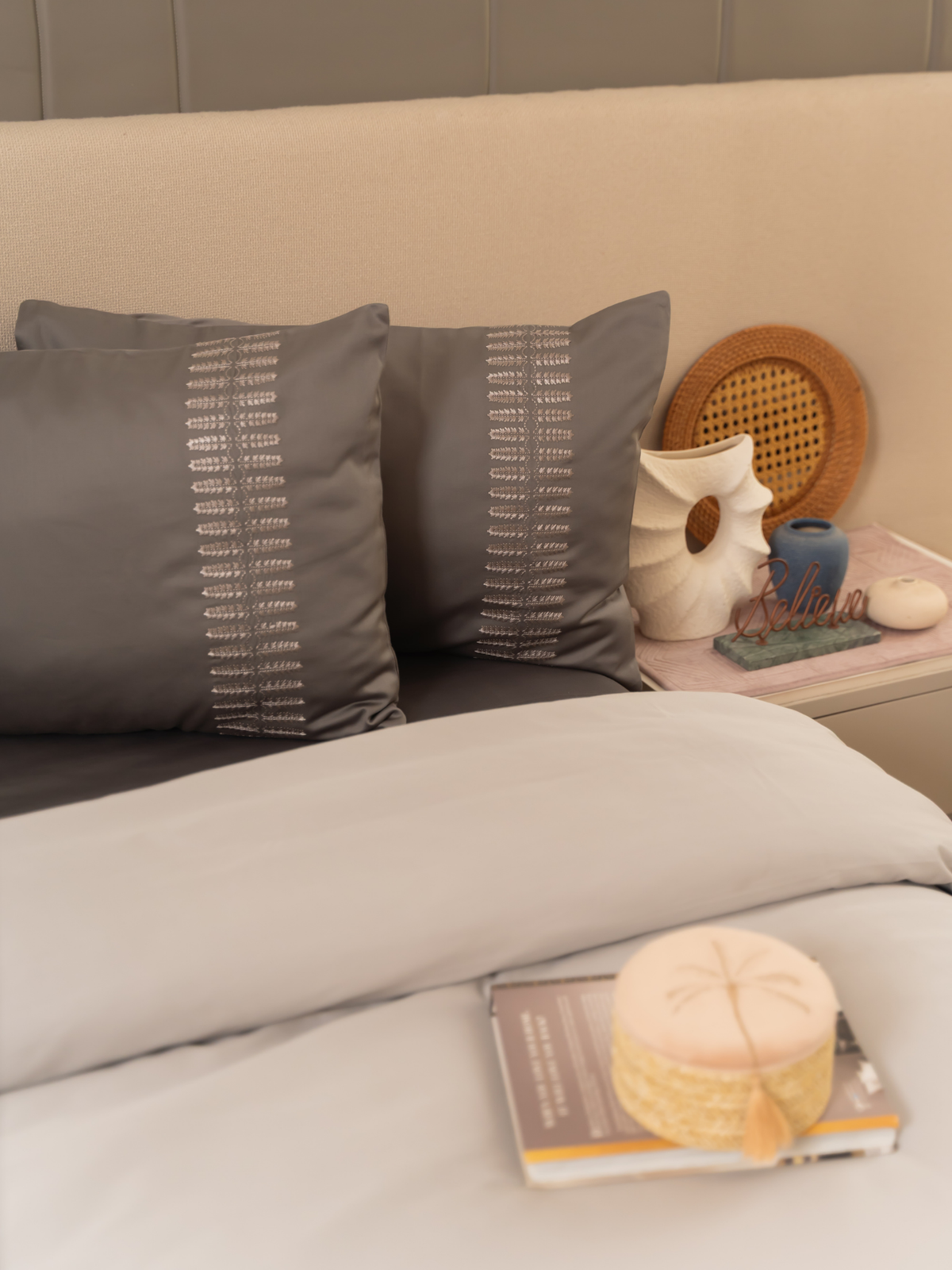 Elise Grey Cotton Embroidered Duvet Cover With Bedsheet And 2 Pillow Covers