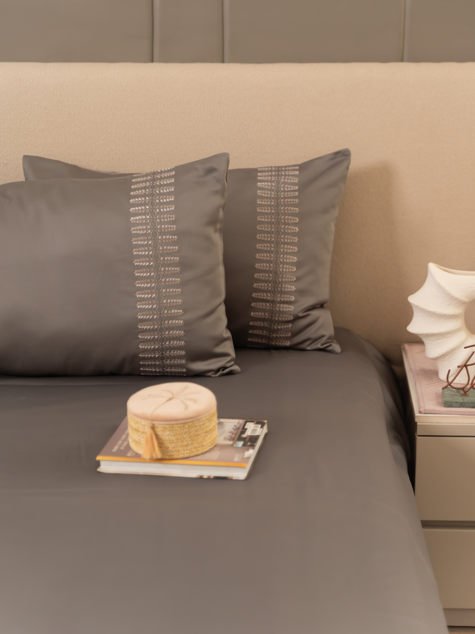 Elise Grey Cotton Embroidered Duvet Cover With Bedsheet And 2 Pillow Covers