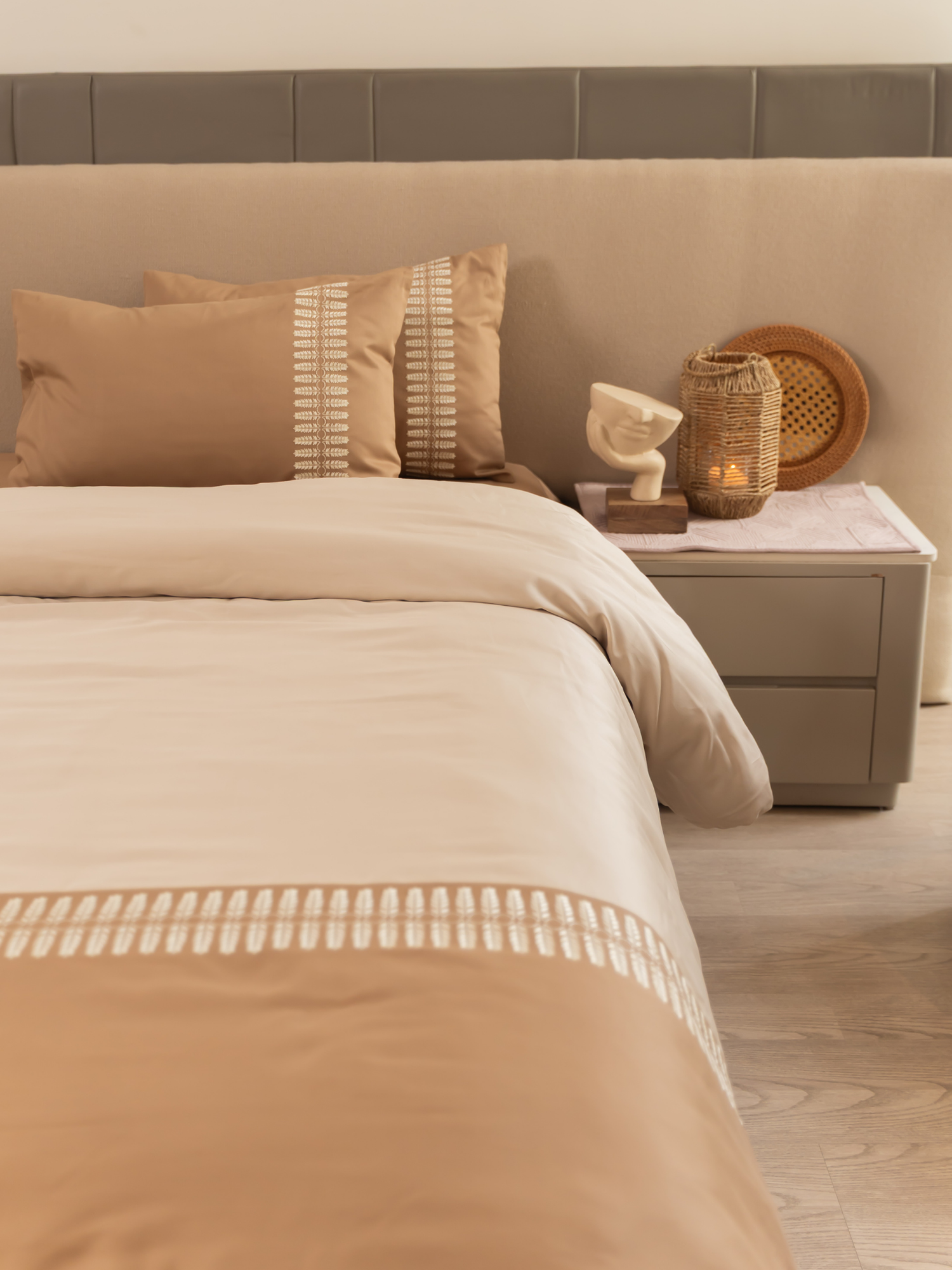 Elise Beige Cotton Embroidered Duvet Cover With Bedsheet And 2 Pillow Covers