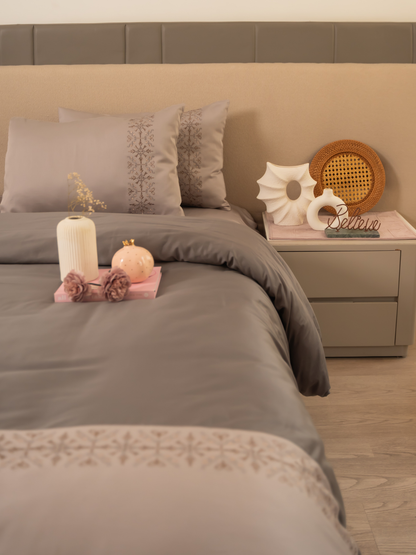 Luna Grey Cotton Embroidered Duvet Cover With Bedsheet And 2 Pillow Covers