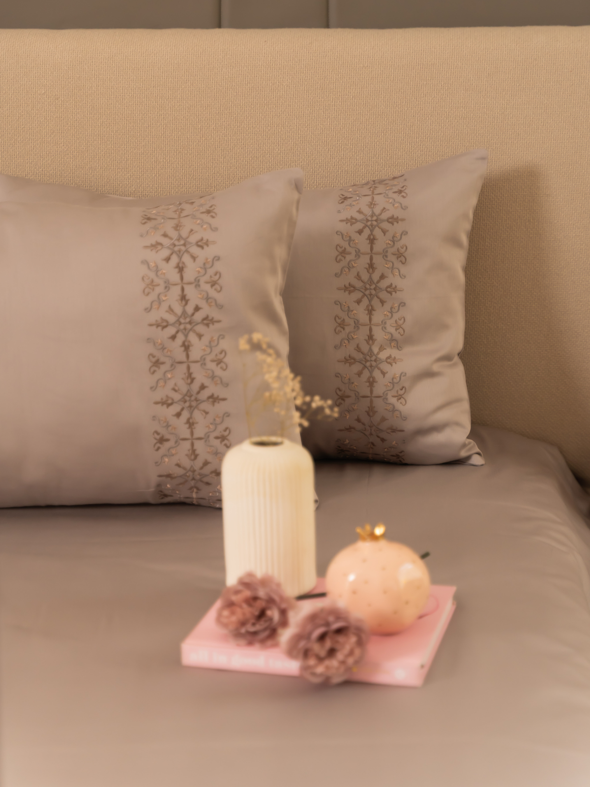 Luna Grey Cotton Embroidered Duvet Cover With Bedsheet And 2 Pillow Covers
