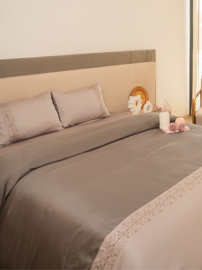 Luna Grey Cotton Embroidered Duvet Cover With Bedsheet And 2 Pillow Covers