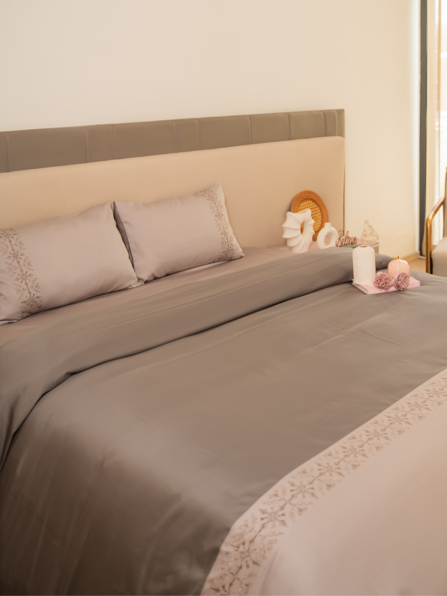 Luna Grey Cotton Embroidered Duvet Cover