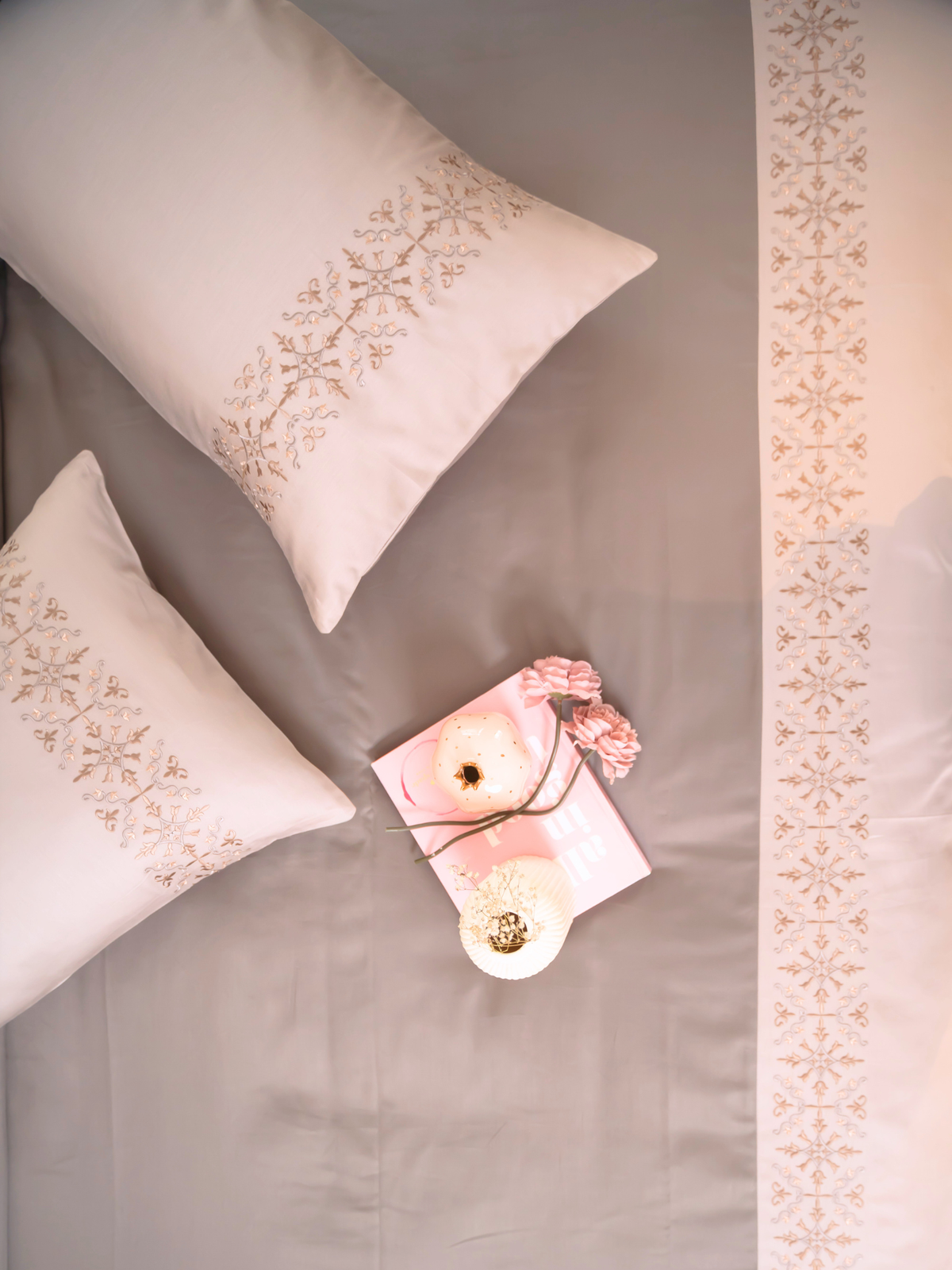 Luna Grey Cotton Embroidered Duvet Cover With Bedsheet And 2 Pillow Covers