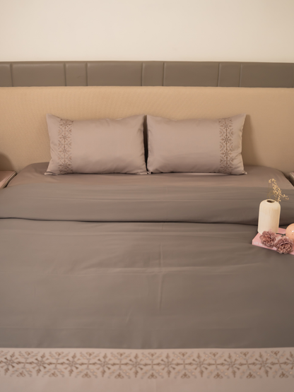 Luna Grey Cotton Embroidered Duvet Cover With Bedsheet And 2 Pillow Covers
