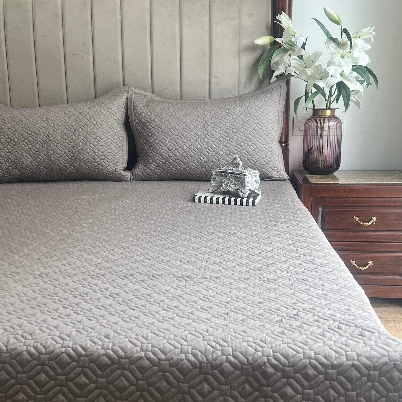 Tulum Olive Grey Cotton Reversible Bedspread