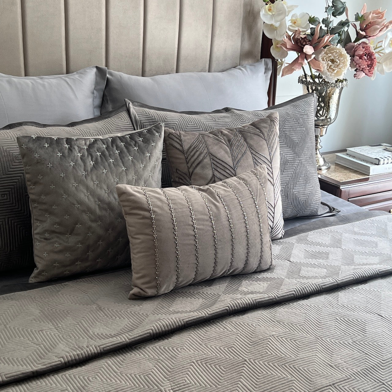 Maze Dark Grey Velvet Bedspread