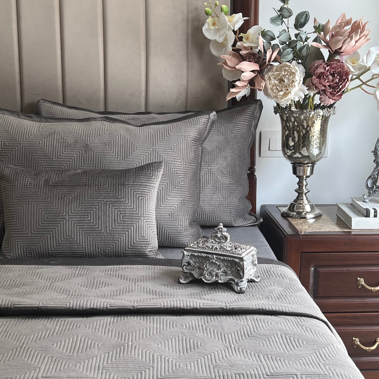 Maze Dark Grey Velvet Bedspread