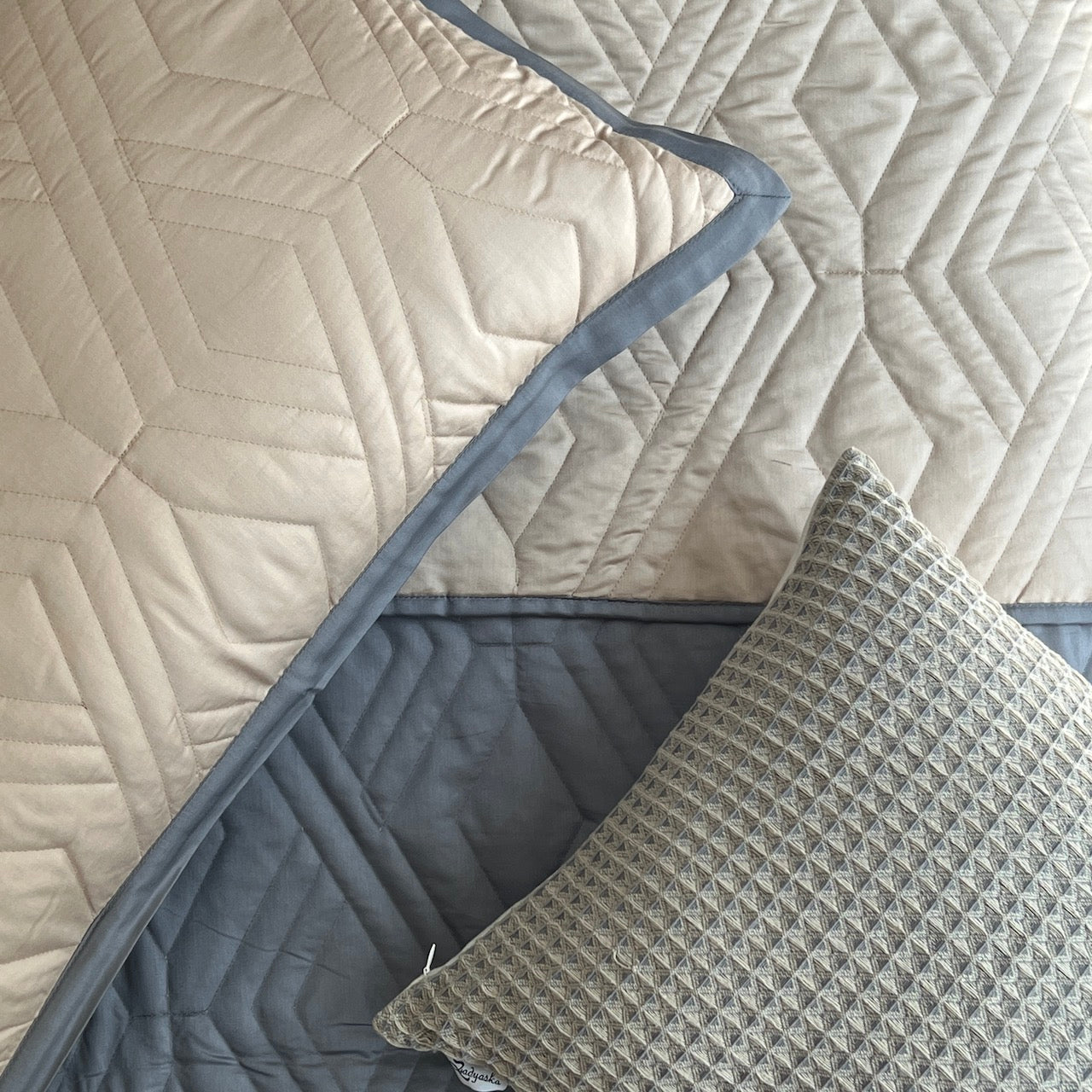 Rhombic Sand/Dark Grey Cotton Rich Reversible Bedspread