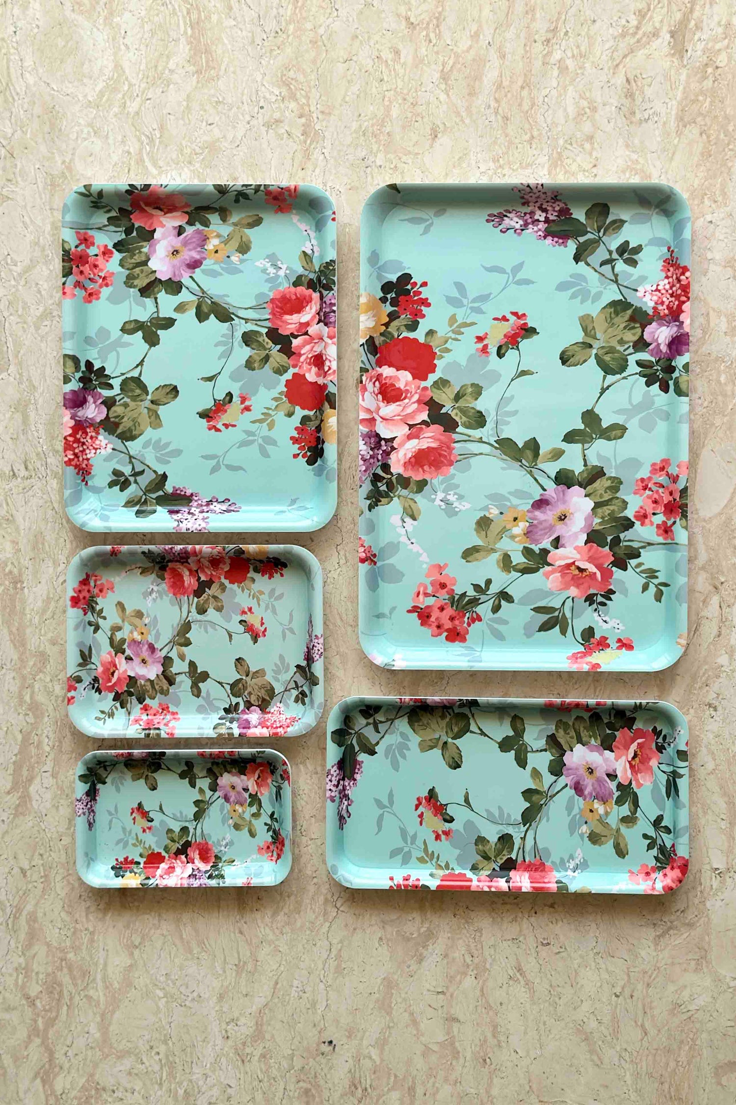 Mint Green Floral Acrylic Serving Tray - Set Of 5