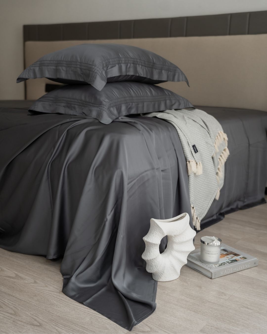 Charcoal Grey Pleated Super King Size 400TC Bamboo Bedsheet Set