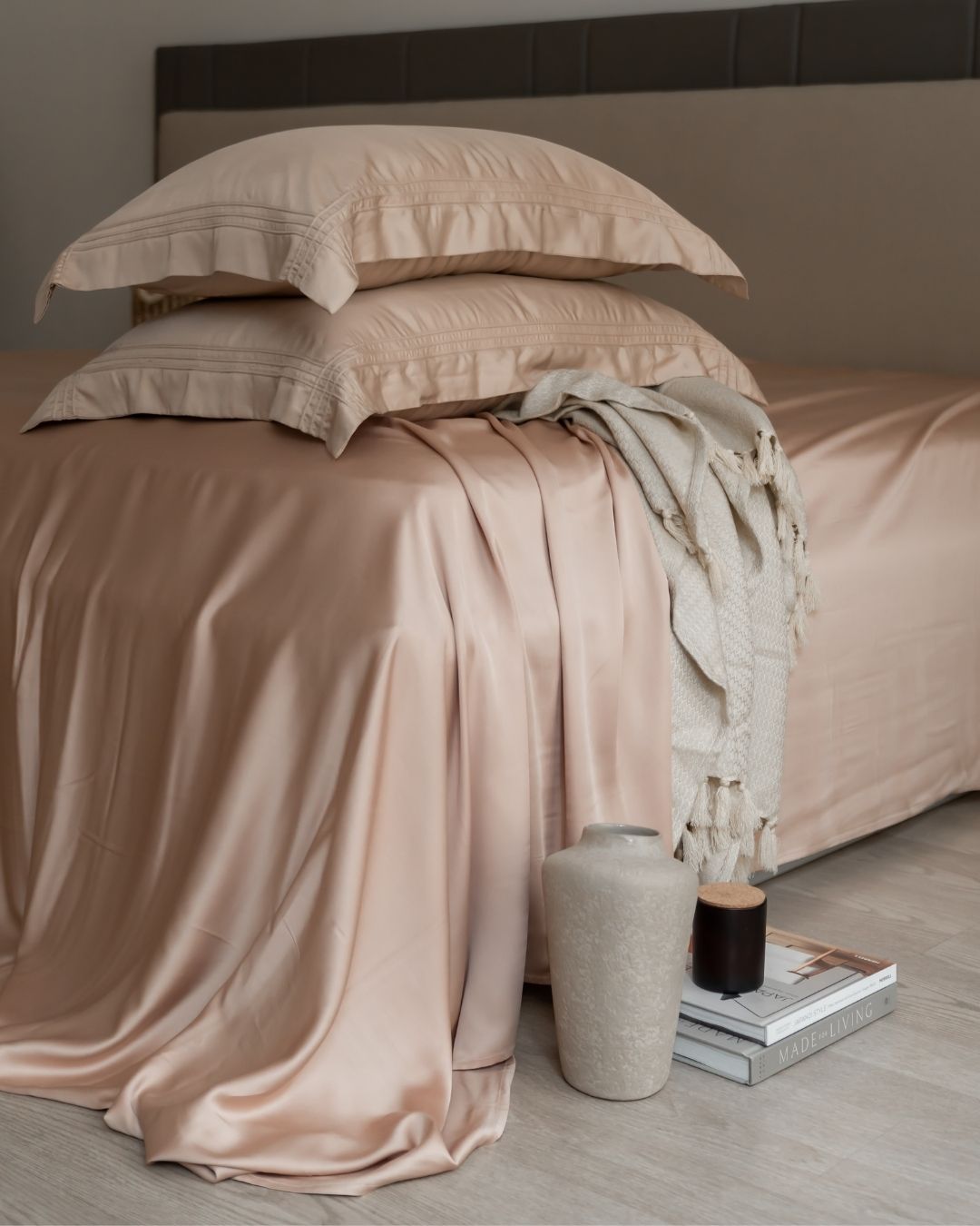 Peach Cream (Pink) Pleated Super King Size 400TC Bamboo Bedsheet