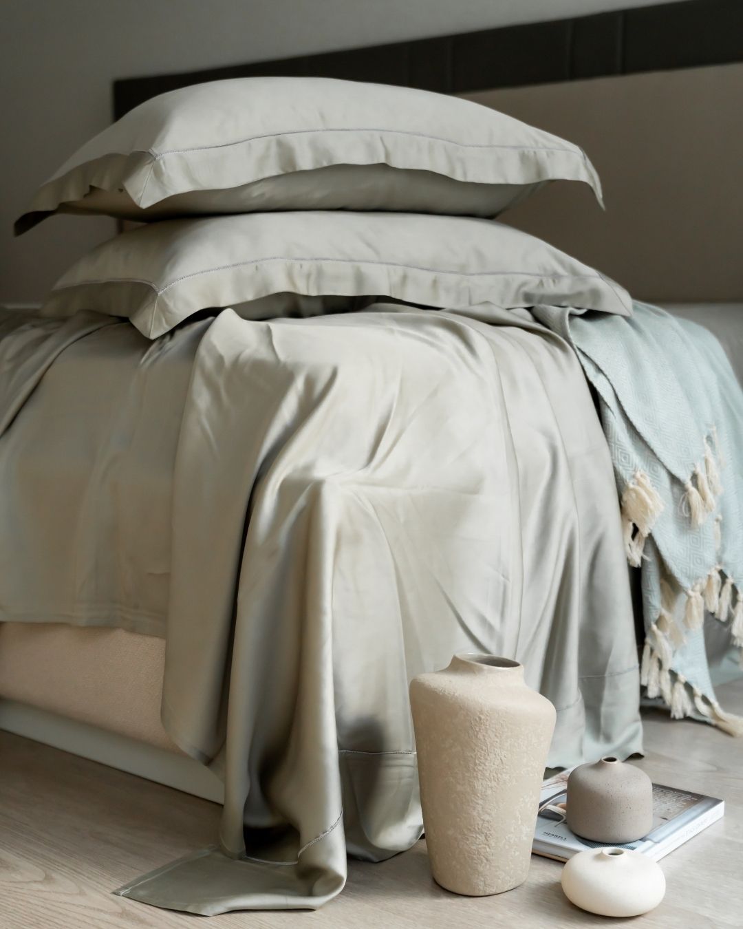 Pistachio (Green) Super King Size 400TC Tencel Lace Bedsheet Set