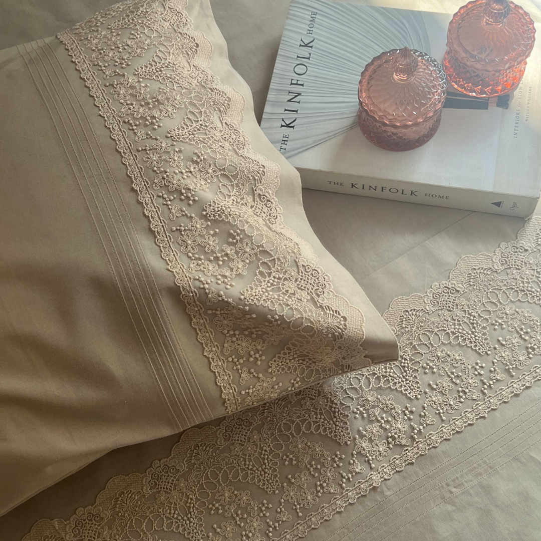 Chantilly Desert Beige Cotton  Embroidered Lace Bed Sheet with 2 Pillow Covers