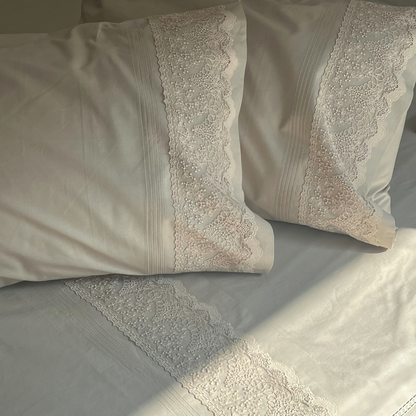 Chantilly Desert Beige Cotton  Embroidered Lace Bed Sheet with 2 Pillow Covers