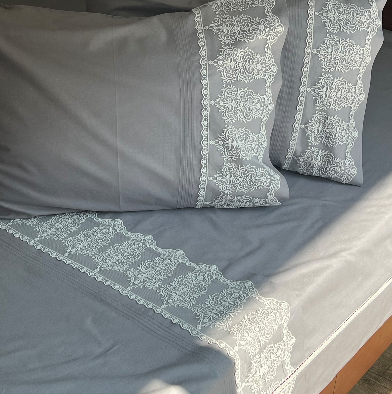 Chantilly Elephant Grey Cotton  Embroidered Lace Bed Sheet with 2 Pillow Covers