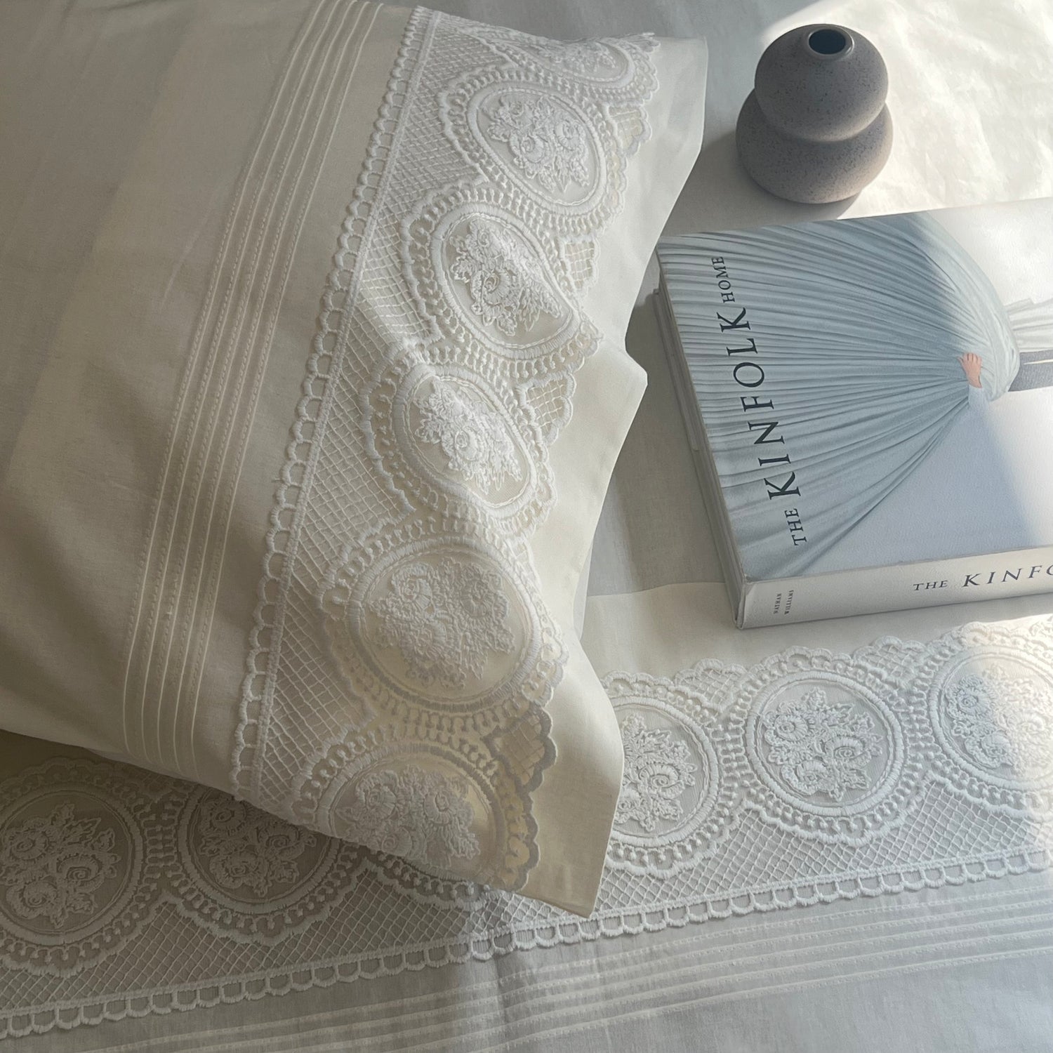 Chantilly Ivory Cotton  Embroidered Lace Bed Sheet with 2 Pillow Covers