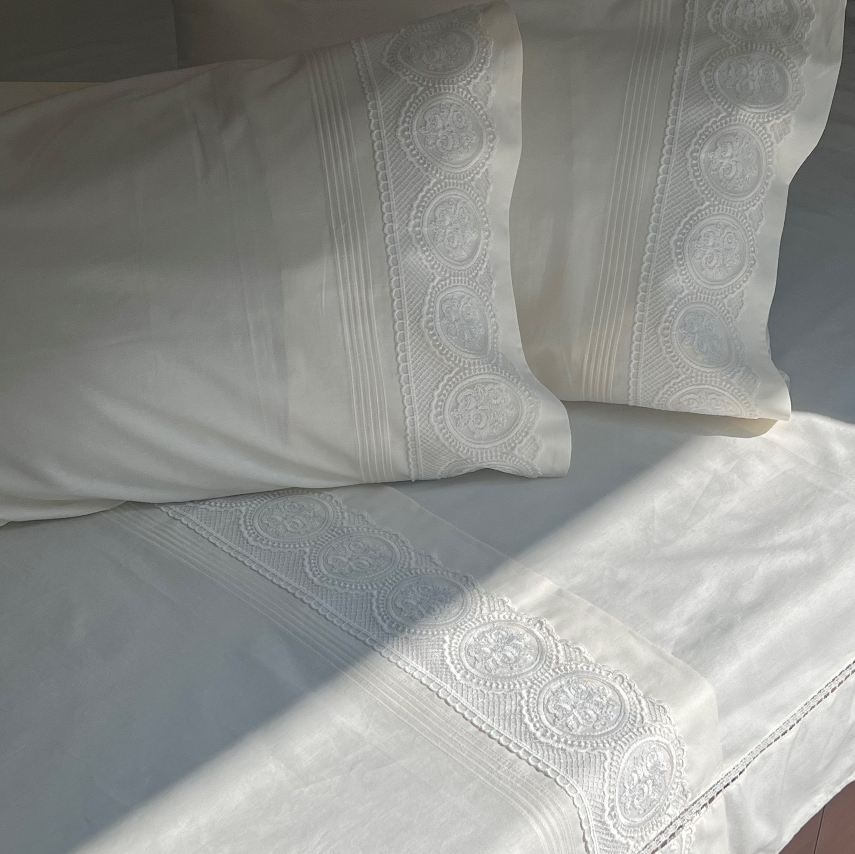 Chantilly Ivory Cotton  Embroidered Lace Bed Sheet with 2 Pillow Covers