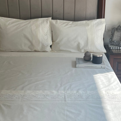 Chantilly Ivory Cotton  Embroidered Lace Bed Sheet with 2 Pillow Covers