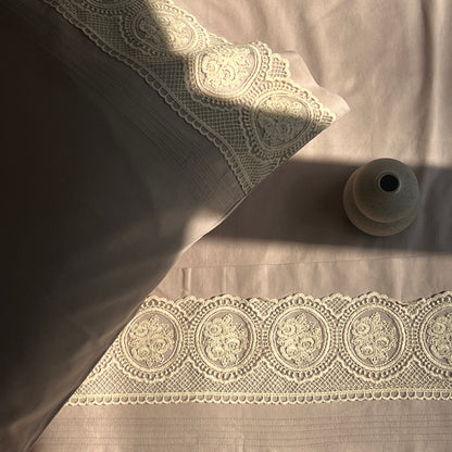 Chantilly Mocha Cotton  Embroidered Lace Bed Sheet with 2 Pillow Covers