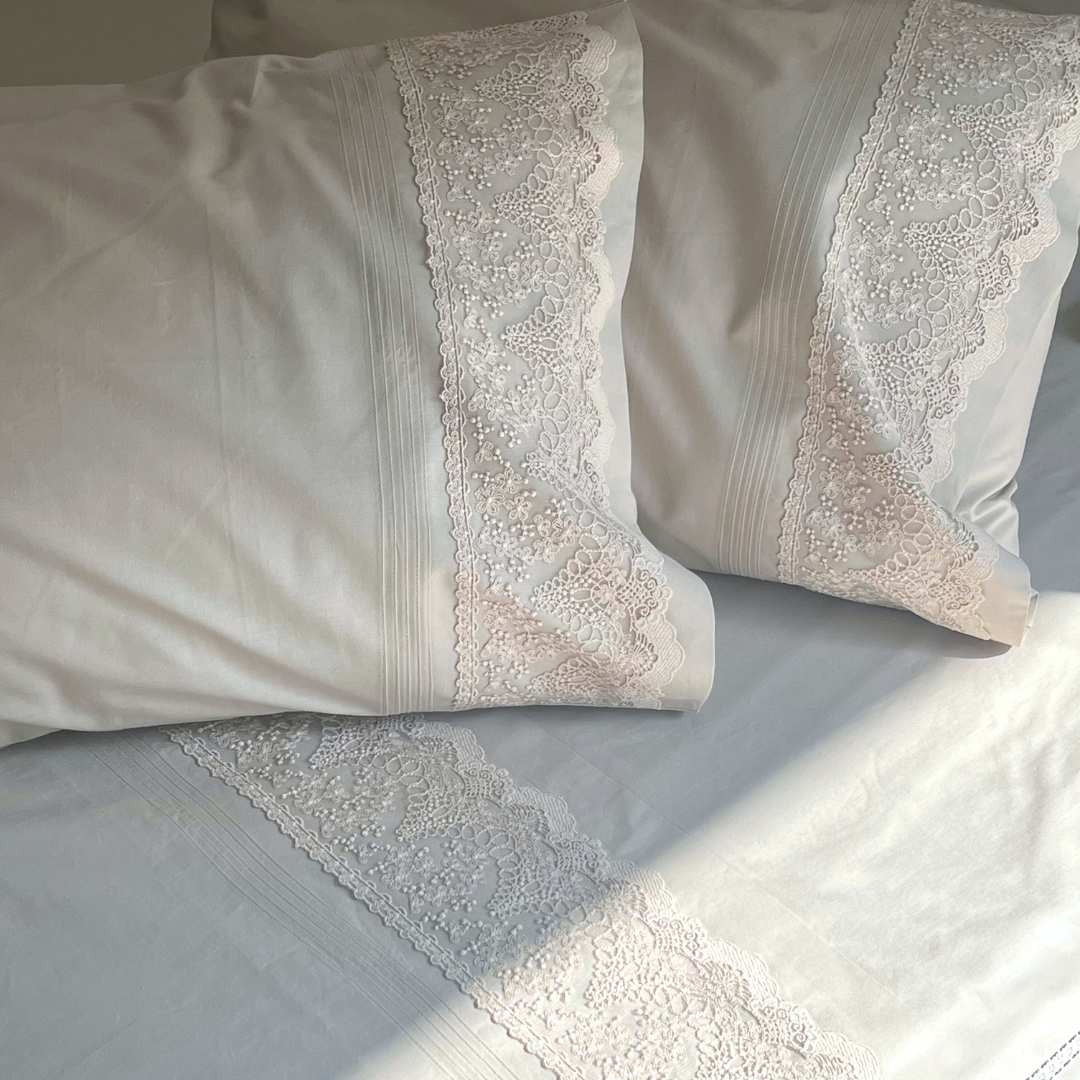 Chantilly Oats Beige Cotton  Embroidered Lace Bed Sheet with 2 Pillow Covers