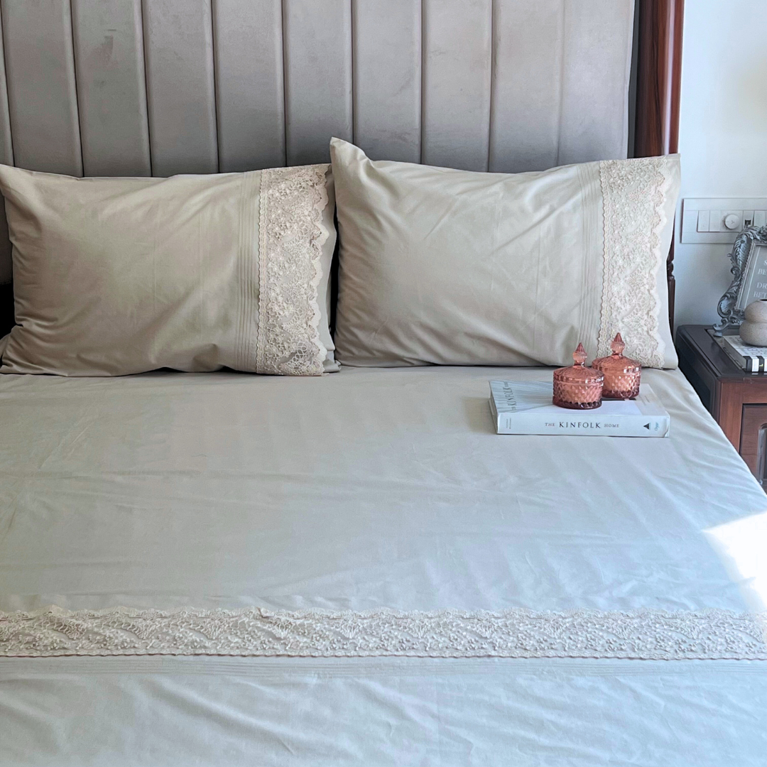 Chantilly Oats Beige Cotton Embroidered Lace Bed Sheet with 2 Pillow Covers