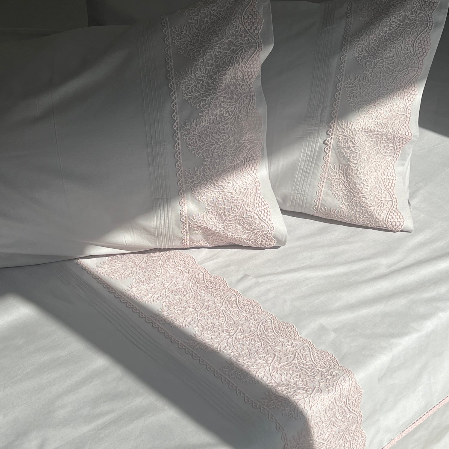 Chantilly Pearl Grey Cotton  Embroidered Lace Bed Sheet with 2 Pillow Covers