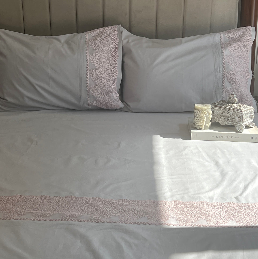 Chantilly Pearl Grey Cotton Embroidered Lace Bed Sheet with 2 Pillow Covers