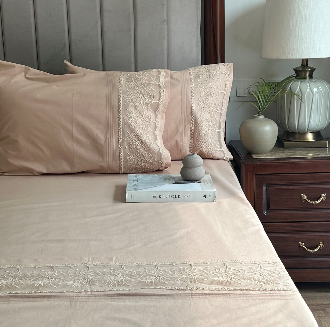 Chantilly Sand Cotton Embroidered Lace Bed Sheet with 2 Pillow Covers