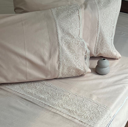 Chantilly Sand Cotton  Embroidered Lace Bed Sheet with 2 Pillow Covers