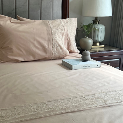 Chantilly Sand Cotton  Embroidered Lace Bed Sheet with 2 Pillow Covers