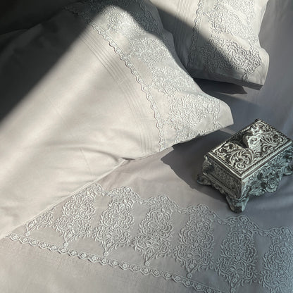 Chantilly Silver Cotton  Embroidered Lace Bed Sheet with 2 Pillow Covers