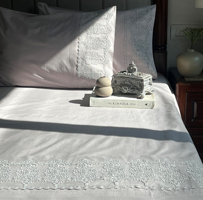 Chantilly Silver Cotton  Embroidered Lace Bed Sheet with 2 Pillow Covers