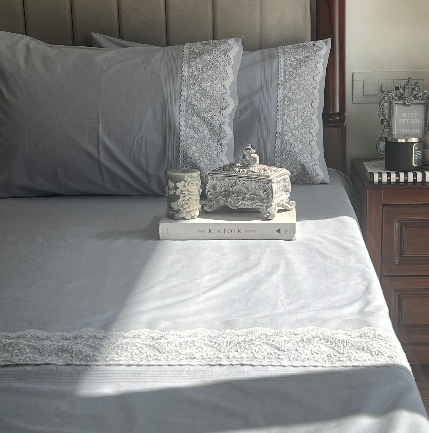 Chantilly Slate Cotton  Embroidered Lace Bed Sheet with 2 Pillow Covers