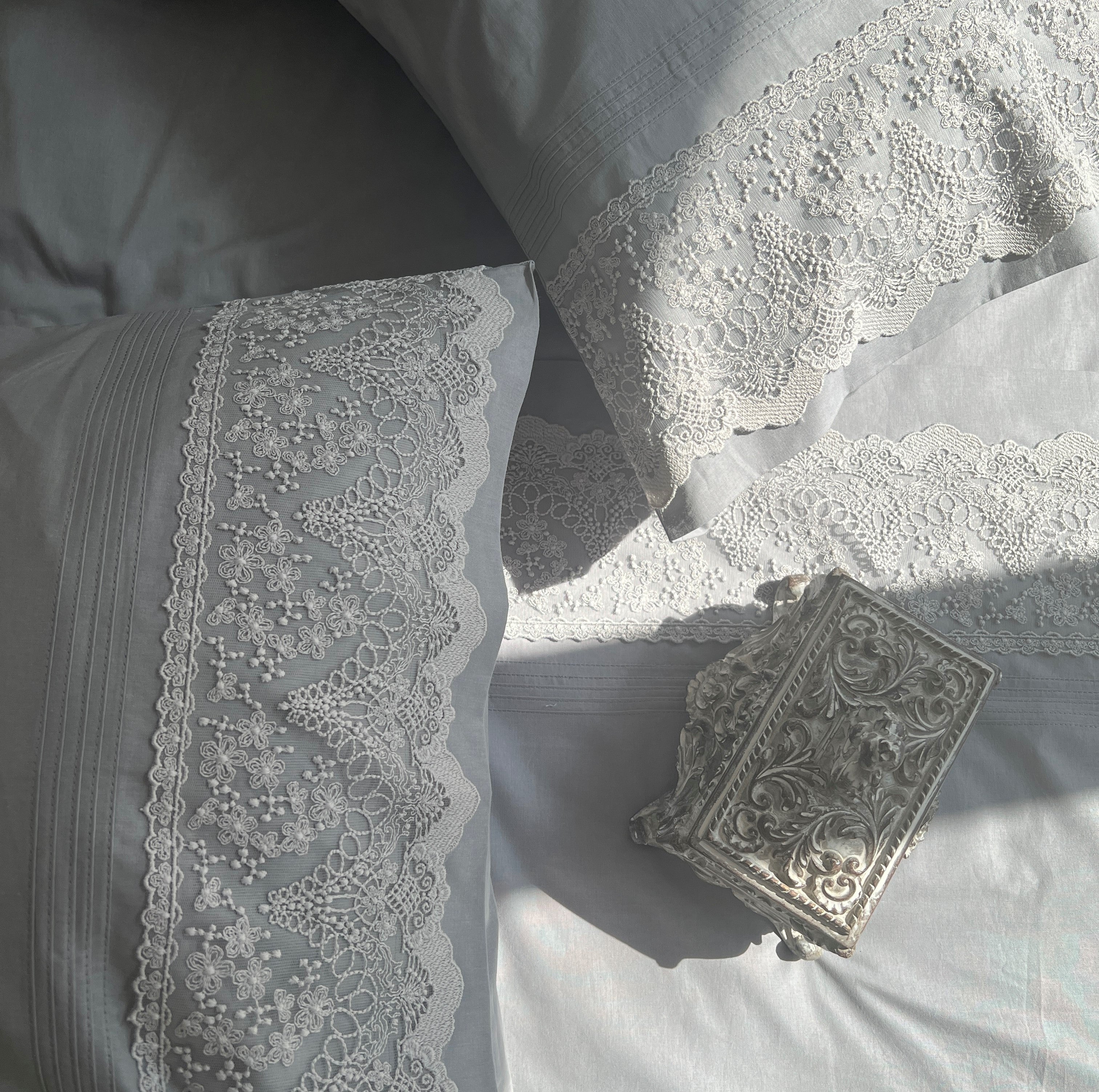 Chantilly Slate Cotton  Embroidered Lace Bed Sheet with 2 Pillow Covers