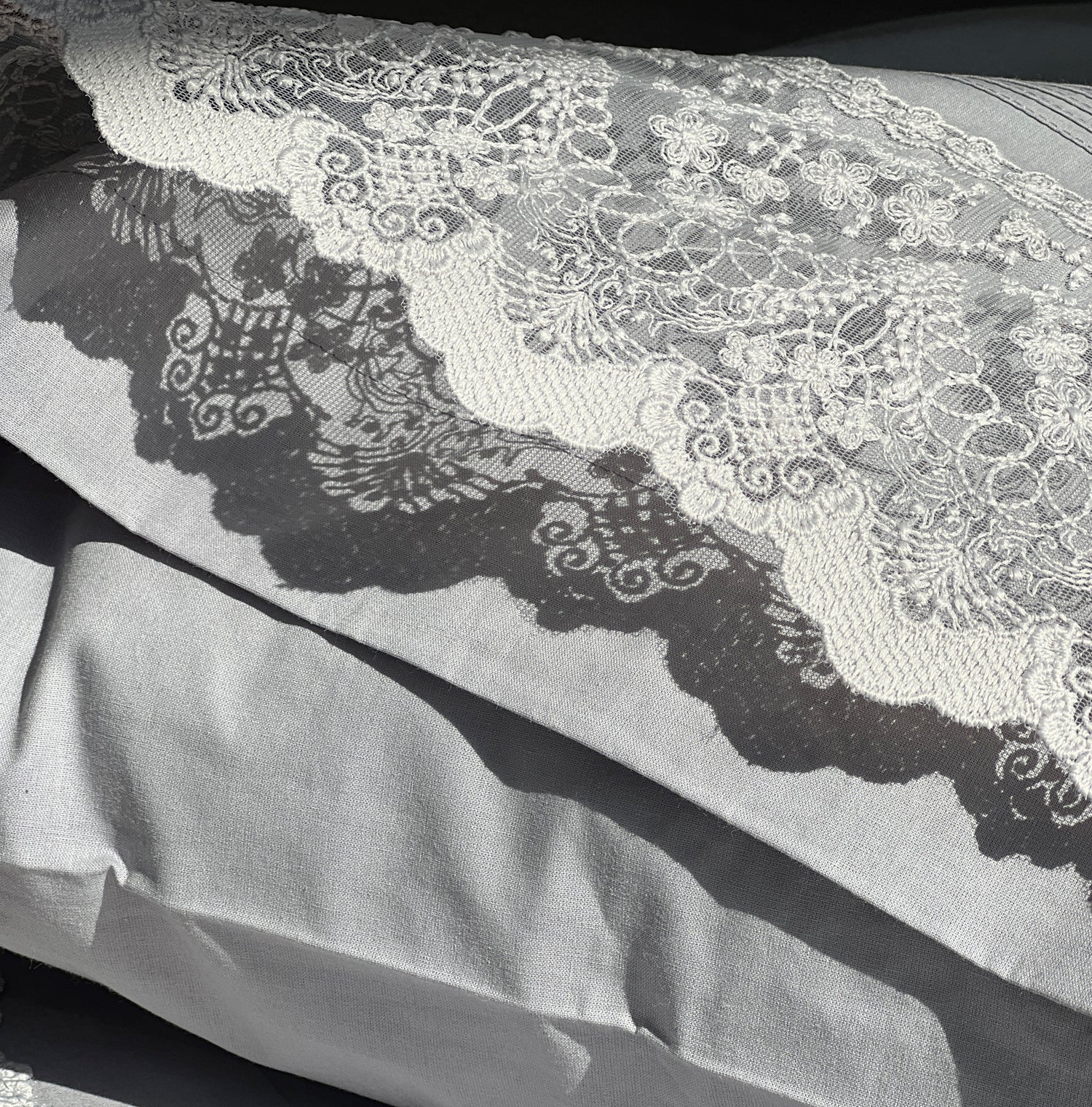 Chantilly Slate Cotton  Embroidered Lace Bed Sheet with 2 Pillow Covers