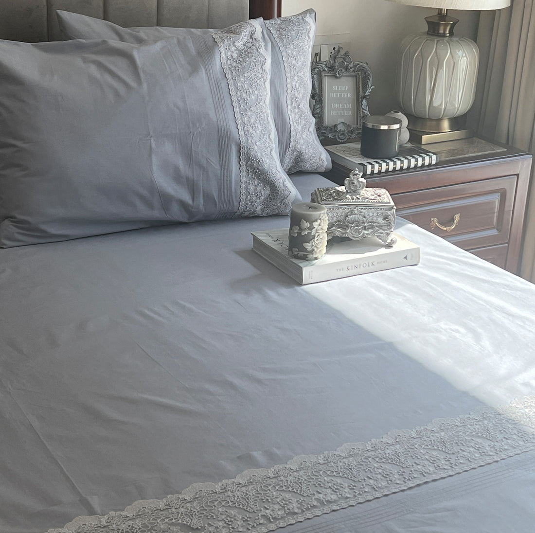 Chantilly Slate Cotton Embroidered Lace Bed Sheet with 2 Pillow Covers