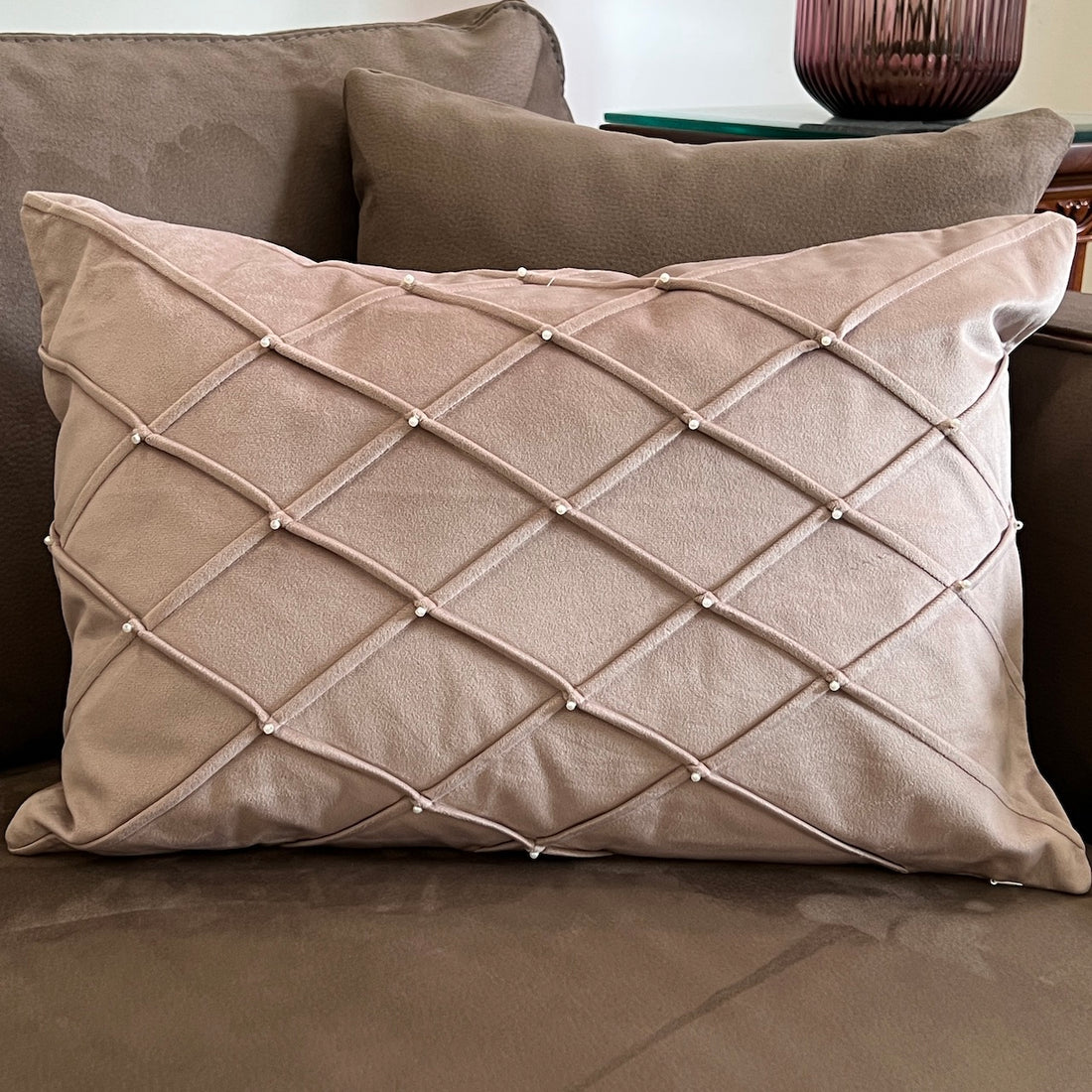 Grid Onion Pink Velvet Cushion Cover