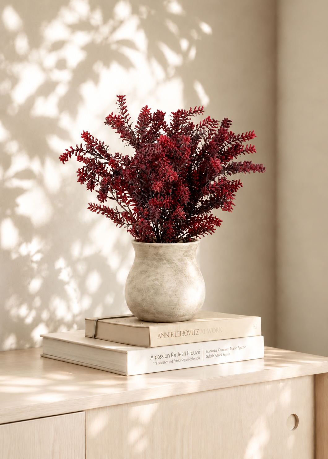 Artificial Red Heather Bush with Ceramic Vase