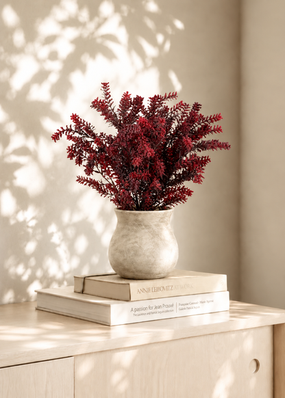 Artificial Red Heather Bush with Ceramic Vase