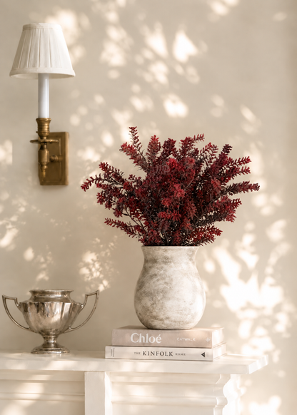 Artificial Red Heather Bush with Ceramic Vase