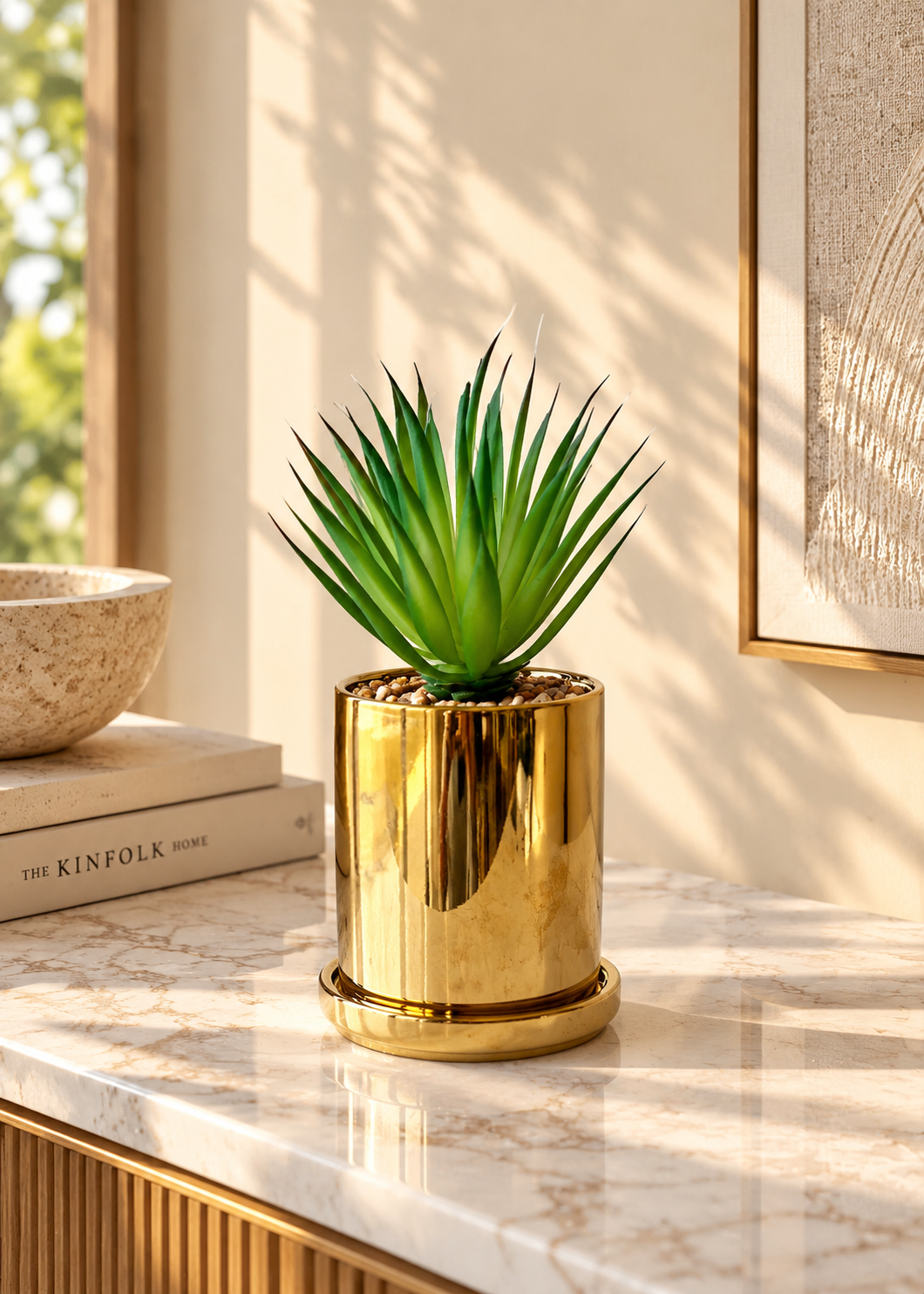 Artificial Spire Agave Plant with Gold Pot