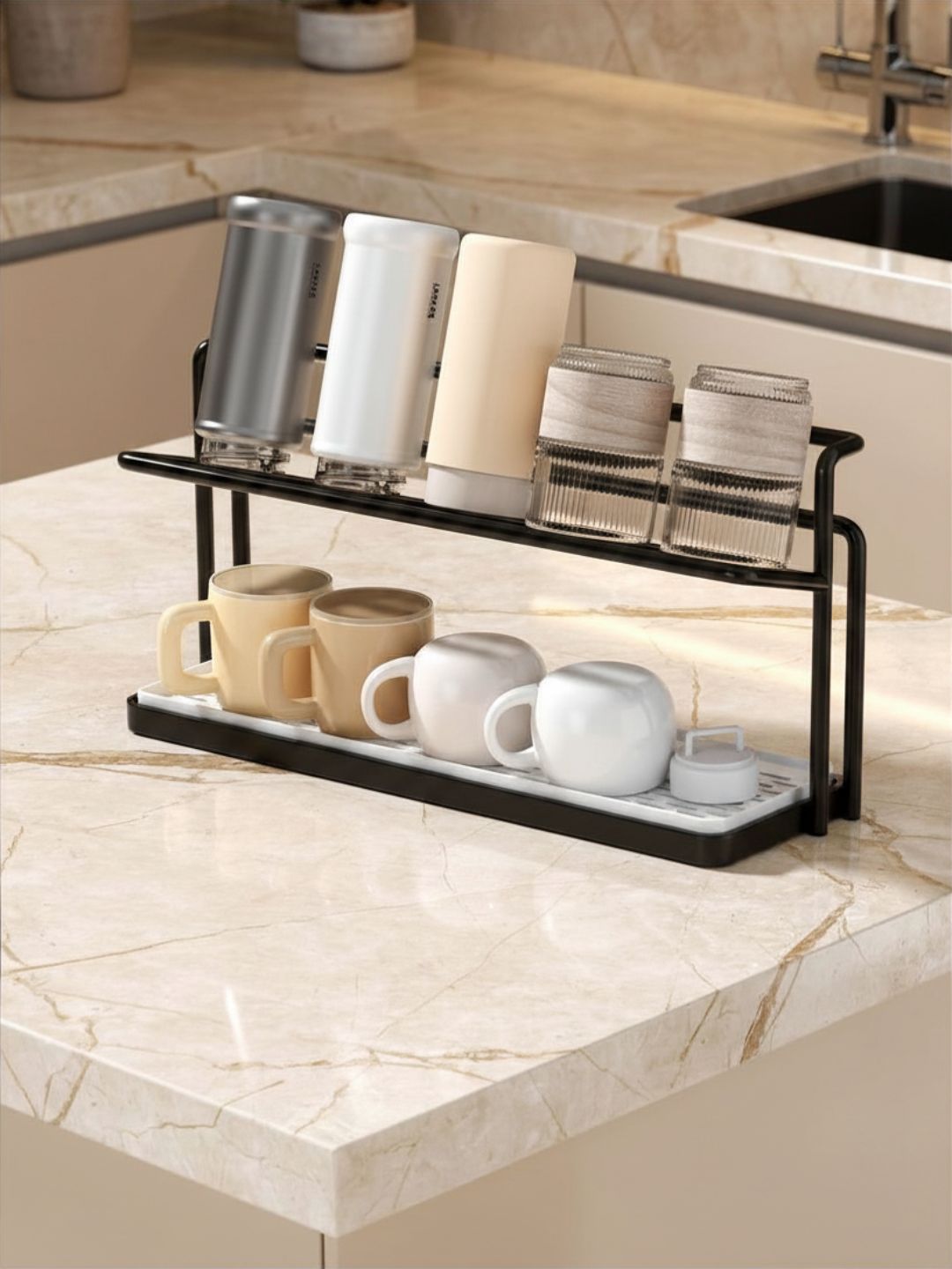 2-Tier Cup Rack with Tray - Black