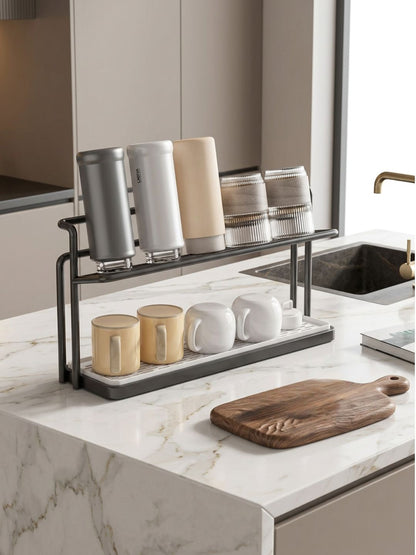 2-Tier Cup Rack with Tray - Black