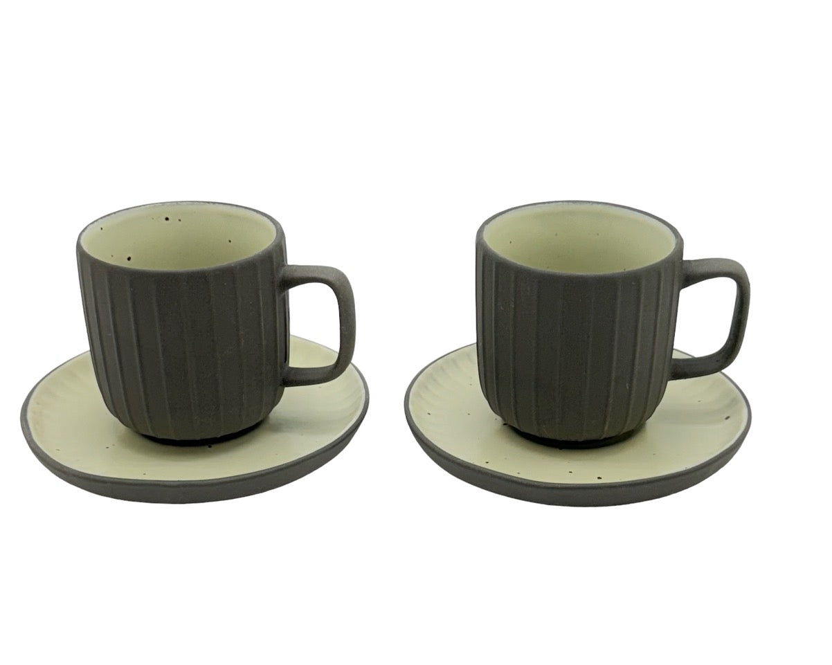 Charcoal Earthen Stoneware Coffee Cups With Saucers - Set of 2