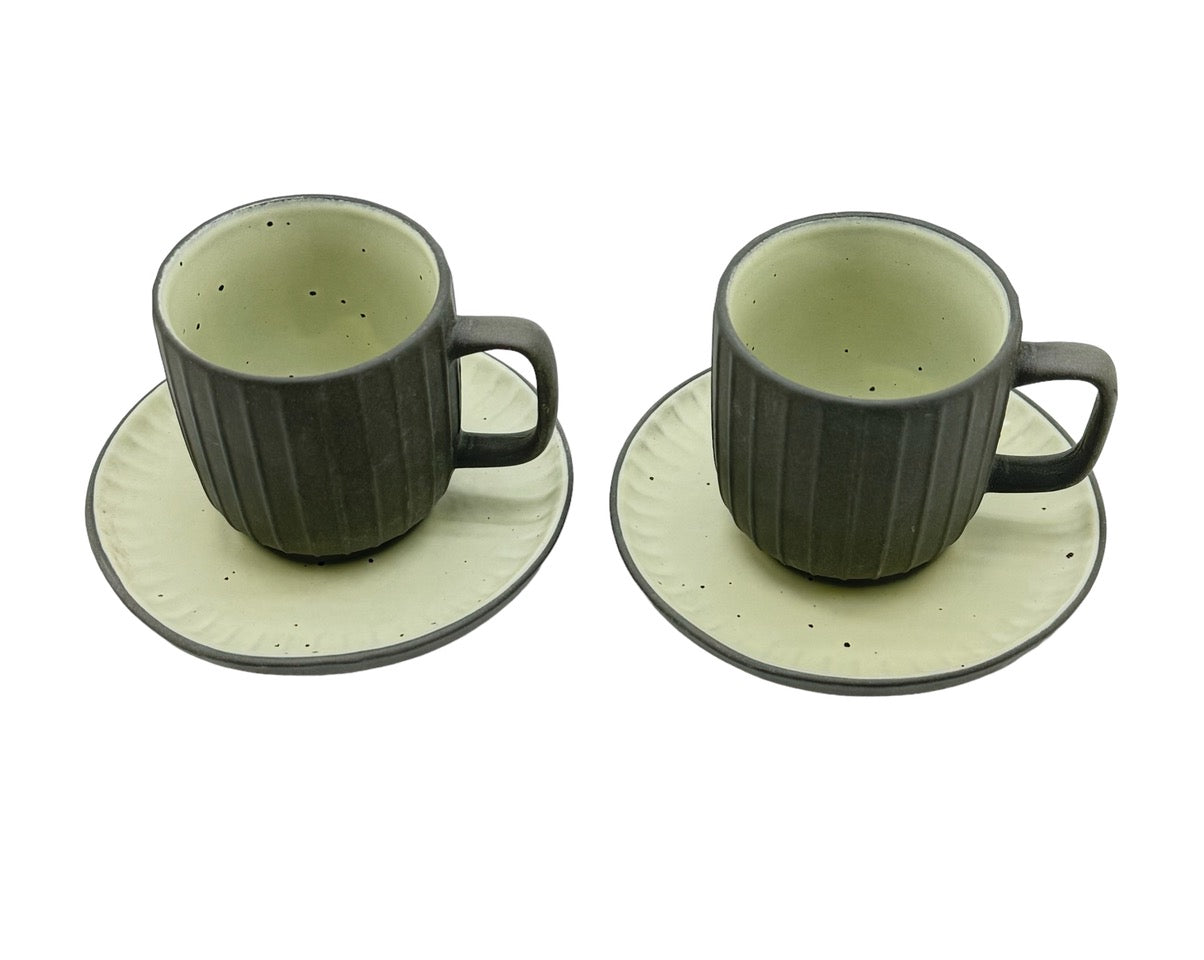 Charcoal Earthen Stoneware Coffee Cups With Saucers - Set of 2